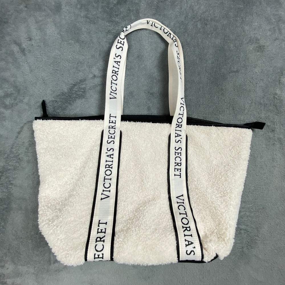 Victoria's Secret Women OS Tote Bag White Faux Sherpa Fleece Logo Strap Zip‎ Top